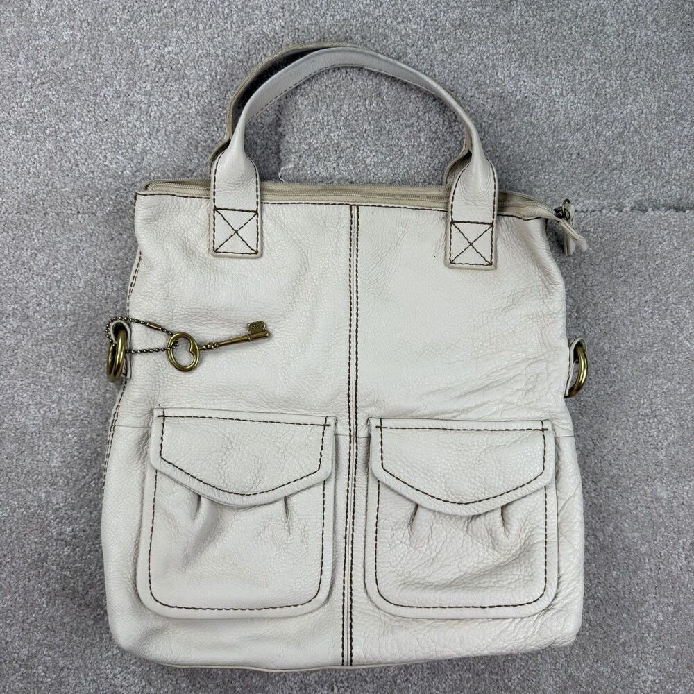 Cream Leather Tote Bag with Front Pockets and Key Charm